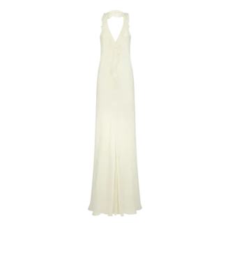 フリルディテールのホルターネック イブニングドレス