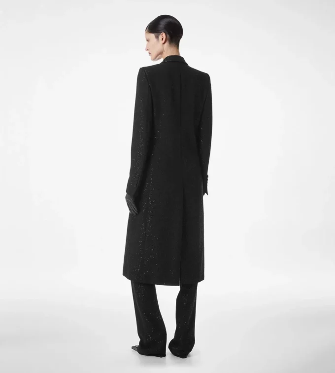 スパンコール付きウールブレンドクレープ ダブルブレストコート