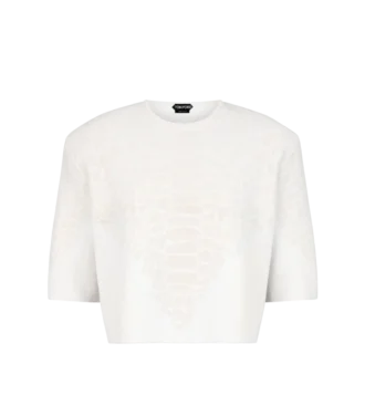 シルクシェニールエンボス加工パイソンディテールのメリノカシミアクルーネックTシャツ