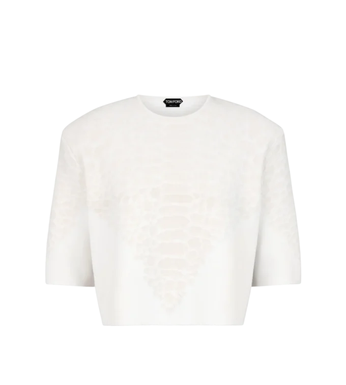 シルクシェニールエンボス加工パイソンディテールのメリノカシミアクルーネックTシャツ