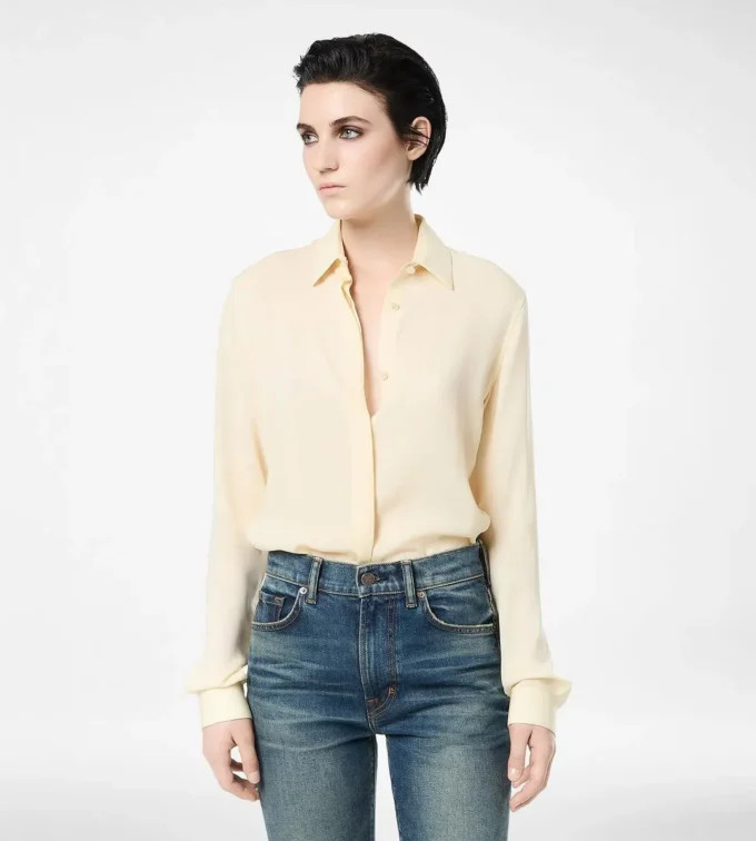 ウォッシュドシルクジョゼットシャツ（同系色TF刺繍ロゴ入り）