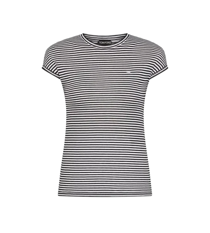 トーンオントーンTF刺繍ロゴ入りストライプTシャツ